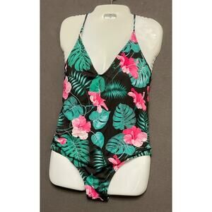 Ekouaer Women's One-Piece Swimsuit M Black Floral Tropical Crisscross Back NWT